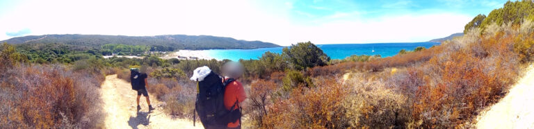 chemin en Corse dans la verdure un peu sèche donnant sur la mer