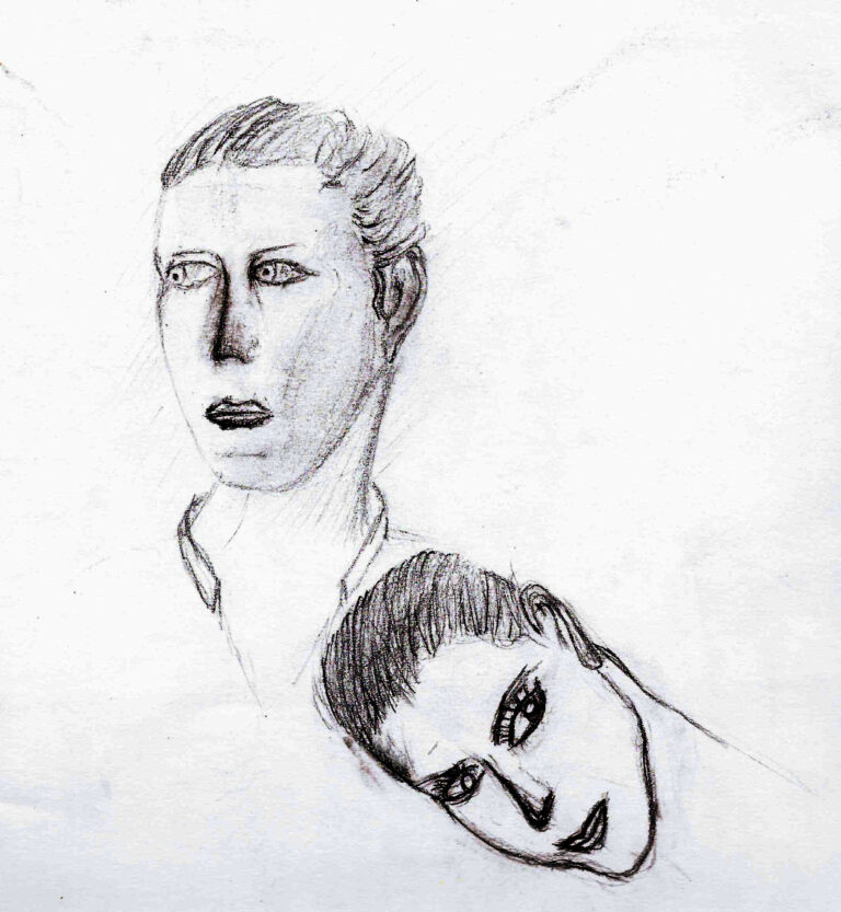 Un dessin représentant deux visage, celui d'un homme se portant droit et une fille posée sur son épaule