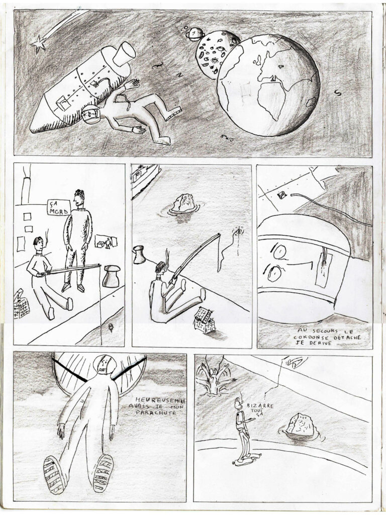 dessin comme une bande dessinée d'une histoire bizarre: un cosmonaute qui tombe sur terre dans un port