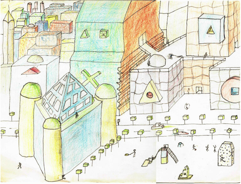 dessins stylisé d'une ville utopique façon années 80