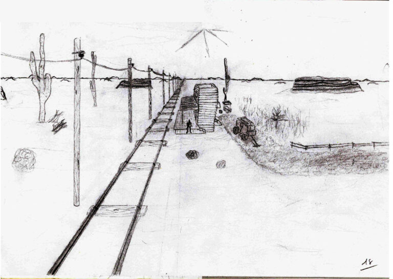 Un dessin au crayon à papier représentant une gare et le chemin de fer à côté dans le far west