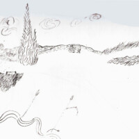 Un dessin d'un paysage dont les traits ressemble à un tableau de van gogh mais non fini et qu'en noir et blanc