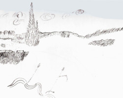 Un dessin d'un paysage dont les traits ressemble à un tableau de van gogh mais non fini et qu'en noir et blanc