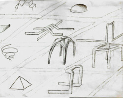 Dessins de plusieurs figures géométrique en 3D sur un plan oblique, un ressort, un cadre rectangulaire, une voûte dans une église etc.