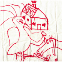 dessin au feutre rouge sur une serviette en papier d'une maison, une poule d'eau, un anne à grandes oreilles