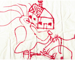 dessin au feutre rouge sur une serviette en papier d'une maison, une poule d'eau, un anne à grandes oreilles