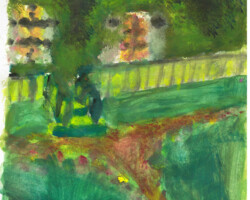 dessin en style impressioniste d'une maison avec ses deux fenètres derrière un balcon sur le sol et le jardin