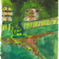 dessin en style impressioniste d'une maison avec ses deux fenètres derrière un balcon sur le sol et le jardin