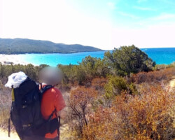 chemin en Corse dans la verdure un peu sèche donnant sur la mer