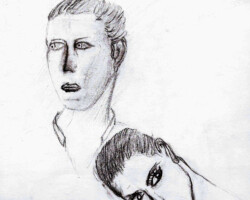 Un dessin représentant deux visage, celui d'un homme se portant droit et une fille posée sur son épaule