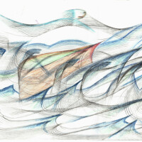 dessin stylisé d'une sirène au dessus de la mer très agité et d'un paquebot