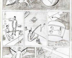 dessin comme une bande dessinée d'une histoire bizarre: un cosmonaute qui tombe sur terre dans un port