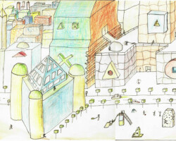 dessins stylisé d'une ville utopique façon années 80