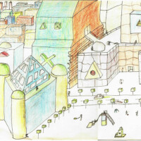 dessins stylisé d'une ville utopique façon années 80
