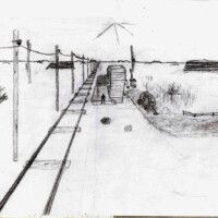 Un dessin au crayon à papier représentant une gare et le chemin de fer à côté dans le far west